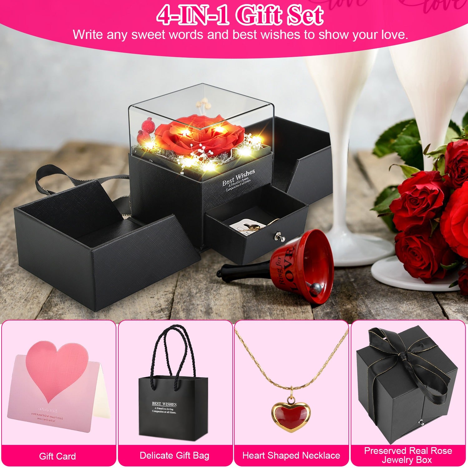 1Pc Preserved Red Real Rose with Heart Necklace Eternal Flowers Rose with Golden Necklace Gifts for Women Mom Wife Girlfriend Grandma on Valentine Mother Day Christmas Anniversary