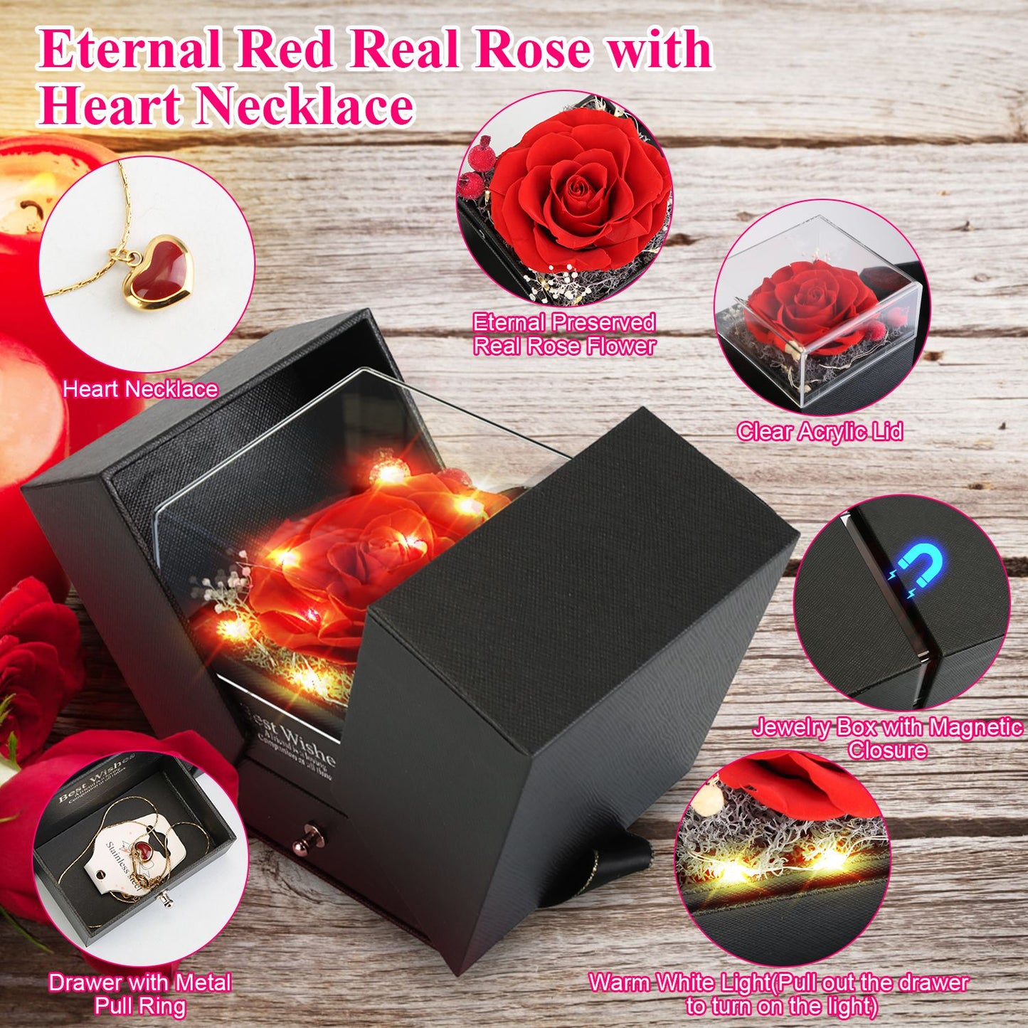 1Pc Preserved Red Real Rose with Heart Necklace Eternal Flowers Rose with Golden Necklace Gifts for Women Mom Wife Girlfriend Grandma on Valentine Mother Day Christmas Anniversary